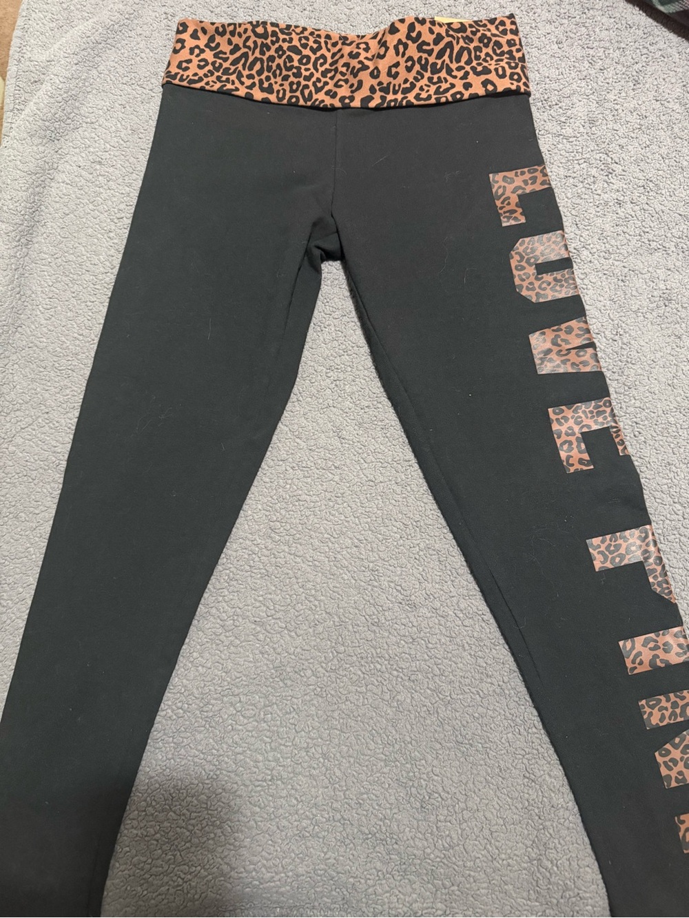 PINK Victoria's Secret Black Leggings with Leopard-Print Waistband and Side Logo